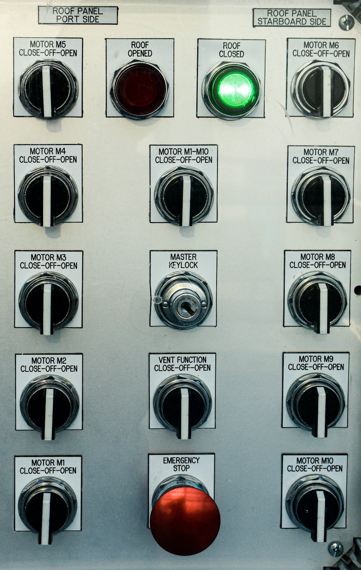 Control panel with multiple switches and emergency stop button